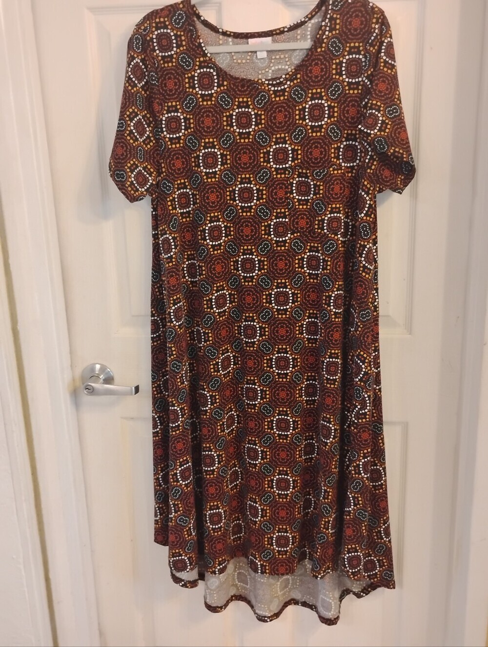 LuLaRoe Carly Dress - Black w/Multicolor Aztec Style Pattern-High/Low, Size XL